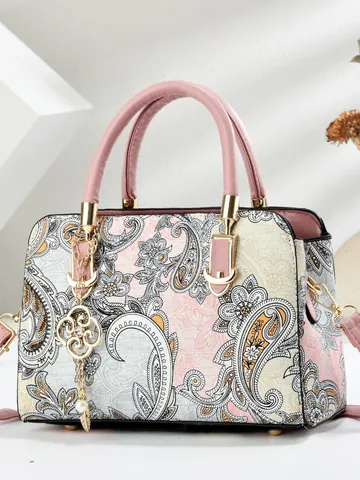 Women Vintage Paisley Print PU Leather Shoulder Bag Large Capacity Top Handle Handbag With Flower Pendant Daily Commute Bag