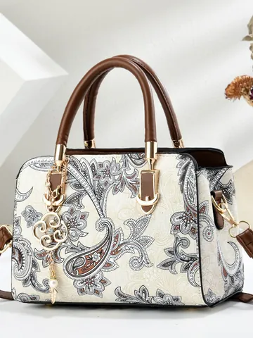 Women Vintage Paisley Print PU Leather Shoulder Bag Large Capacity Top Handle Handbag With Flower Pendant Daily Commute Bag