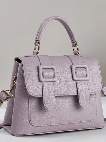 Women Stylish Litchi Pattern PU Leather Shoulder Bag Flap Square Crossbody Satchel With Top Handle And Adjustable Strap
