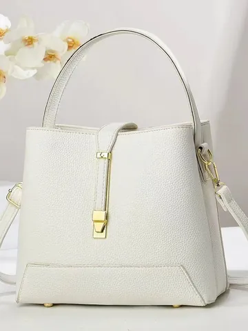 Women Litchi Pattern PU Leather Bucket Bag Minimalist Metal Lock Handbag Elegant Commuting Shoulder Crossbody Bag For Lady