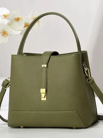 Women Litchi Pattern PU Leather Bucket Bag Minimalist Metal Lock Handbag Elegant Commuting Shoulder Crossbody Bag For Lady