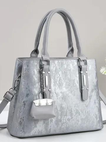 Bolso de Mano para Mujer de Gran Capacidad de Cuero PU con Colgante de Mini Bolso Bolso de Hombro con Textura Metálica