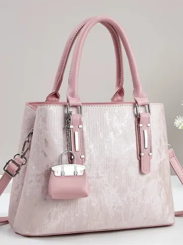 Bolso de Mano para Mujer de Gran Capacidad de Cuero PU con Colgante de Mini Bolso Bolso de Hombro con Textura Metálica