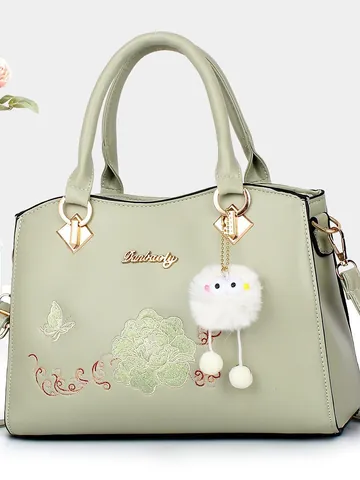Women Fashion PU Leather Handbag Floral Butterfly Embroidery Tote Shoulder Bag With Fur Ball Charm Large Capacity Commute