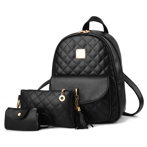 Damen Gesteppter Rauten Rucksack Mit Quaste Clutch Und Kartenhalter PU Leder Mode Schule Reise Tasche Urban Rucksack