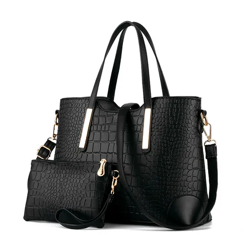 Women Fashion Crocodile Pattern Embossed PU Leather Tote Bag And Pouch Set Large Capacity Shoulder Handbag With Gold Hardware