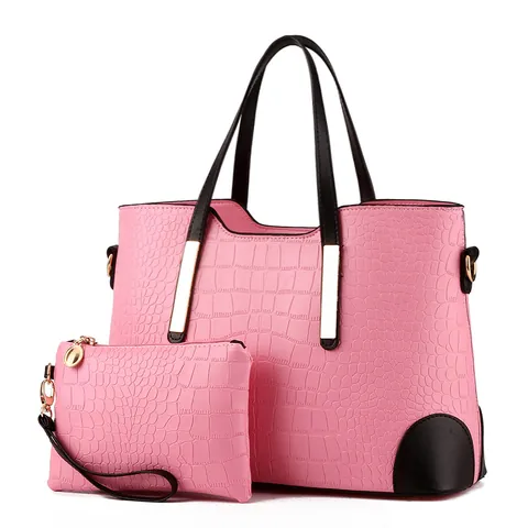 Women Fashion Crocodile Pattern Embossed PU Leather Tote Bag And Pouch Set Large Capacity Shoulder Handbag With Gold Hardware