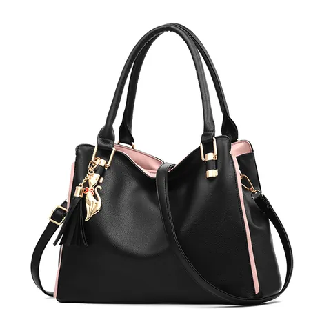 Bolso Tote Grande de Cuero PU para Mujer Color en Contraste Textura de Litchi Bolso de Mano Con Colgante de Gato Dorado Borla
