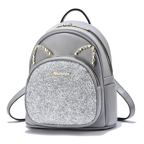 Women's Fashion Mini Backpack Sequin PU Leather Cat Ears Rhinestone Cute Sweet Style Daily Travel School Bag for Teen Girls