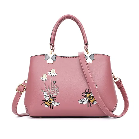 Borsa a Mano da Donna in Pelle PU di Moda Elegante Ricamo Floreale Ape Borsa a Tracolla di Grande Capacità Con Hardware a Quadrifoglio