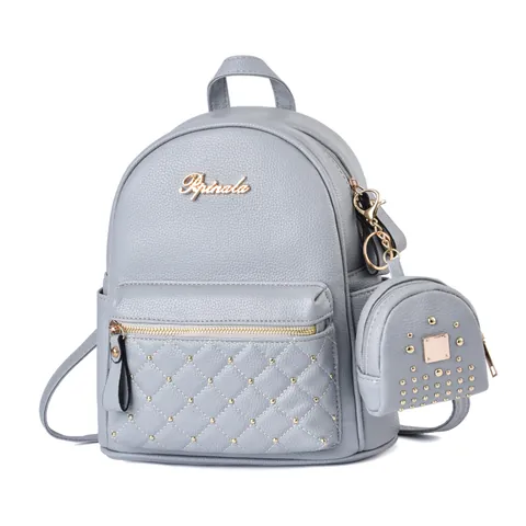 Women Fashion PU Leather Backpack Set With Mini Coin Purse Quilted Rivet Waterproof Travel School Bag For Girls