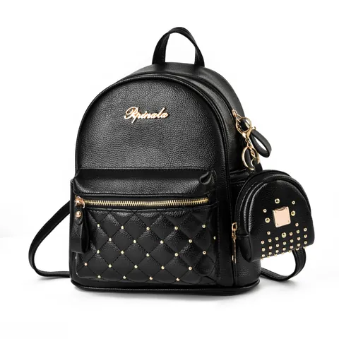 Women Fashion PU Leather Backpack Set With Mini Coin Purse Quilted Rivet Waterproof Travel School Bag For Girls