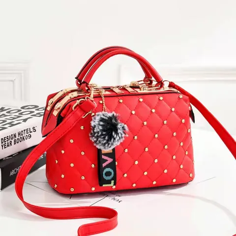 Women Fashion Rivet Quilted Shoulder Bag PU Leather Crossbody Bag With Fur Ball Pendant Dual Zipper Small Square Satchel Bag