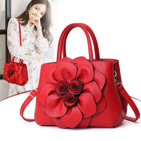 Women Vintage PU Leather Handbag With 3D Floral Decoration Large Flower Shoulder Bag Collegiate Style Tote For Daily Party