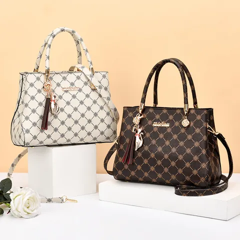 Fashion Women PU Leather Tote Bag Geometric Print Handbag With Tassel Cat Charm Large Capacity Shoulder Crossbody Bag