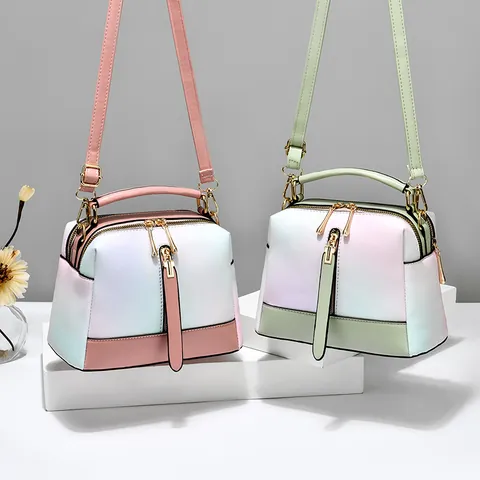 Bolso de Mano de Moda para Mujer con Degradado de Color Textura de Lichi Bandolera Boston Bag Correa Ajustable Herrajes Dorados