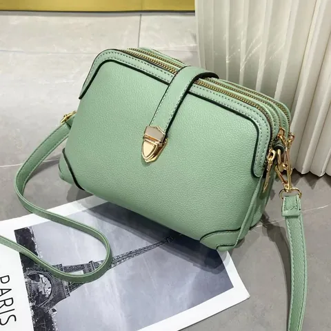 Bolso Bandolera de Cuero PU con Patrón de Litchi para Mujer Bolso de Hombro Simple con Cremallera de Múltiples Capas
