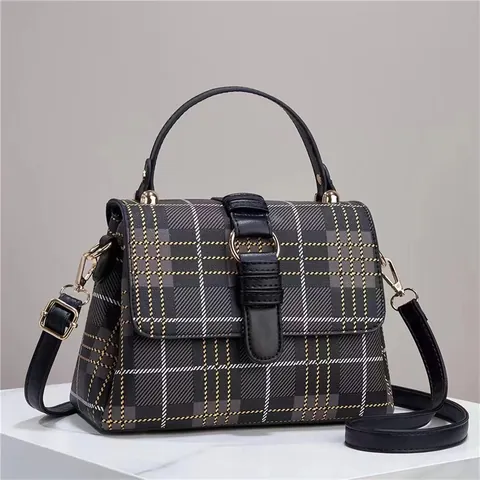 Vintage Plaid PU Leather Handbag For Women Color Contrast Shoulder Crossbody Bag With Gold Ring Buckle Fashion Square Tote