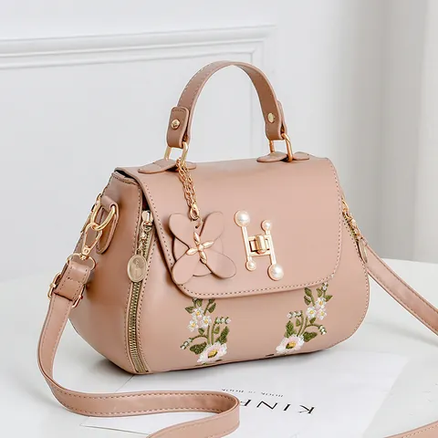 Women Floral Embroidery PU Leather Handbag Pearl H-Buckle Simple Shoulder Crossbody Bag Trendy Lady Small Tote Bag