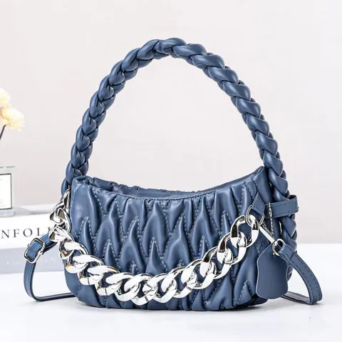 Ruched PU Leather Shoulder Bag For Women Fashion Braided Handle Handbag With Silver Chain Crossbody Bag Party Purse