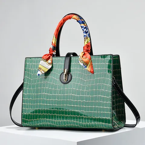 Women Fashion Crocodile Pattern PU Leather Handbag With Silk Scarf Decor Large Capacity Shoulder Crossbody Tote Bag