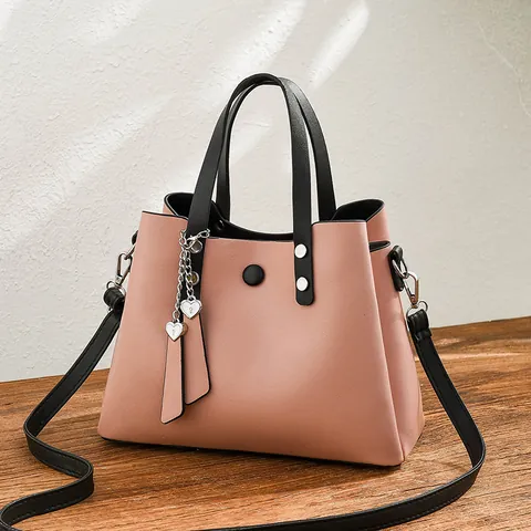 Women Fashion PU Leather Bucket Bag Multi-Pocket Top Handle Handbag With Heart Pendant Detachable Shoulder Crossbody Bag