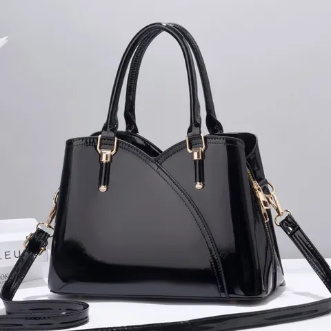 Women's Large Capacity Patent Leather Bucket Bag Patchwork Print Minimalist PU Shoulder Crossbody Bag With Gold Hardware
