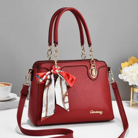 Damen Litschi Textur PU Leder Handtasche Elegant Große Kapazität Einkaufstasche Schultertasche Mit Satin Schal Goldkette Griff Tasche