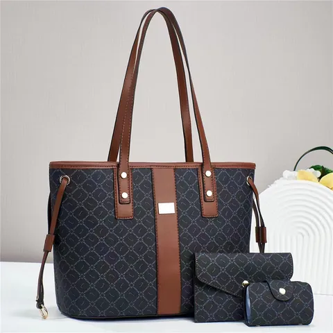 Women Monogram Print Tote Bag Set Large Capacity PU Leather Shoulder Bag Casual Crossbody Handbag With Clutch And Pouch
