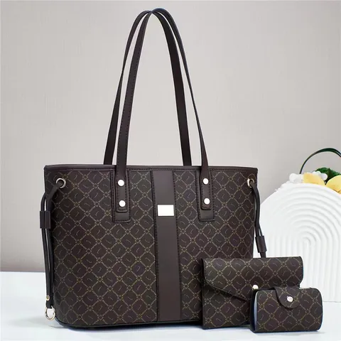Women Monogram Print Tote Bag Set Large Capacity PU Leather Shoulder Bag Casual Crossbody Handbag With Clutch And Pouch