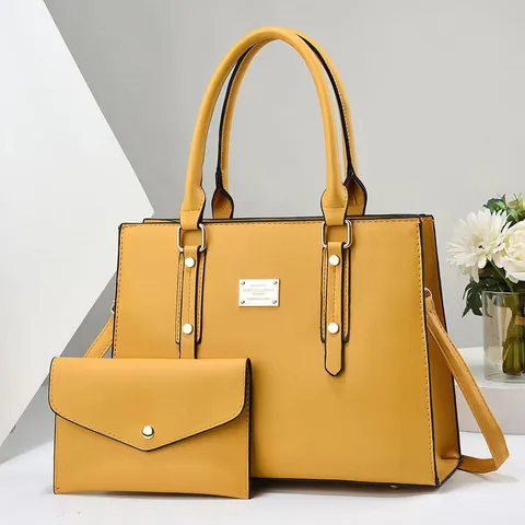 Dames PU Lederen Tote Handtas En Kleine Enveloppe Clutch Tas Grote Capaciteit Metalen Plaque Decor Effen Kleur Elegante Schoudertas