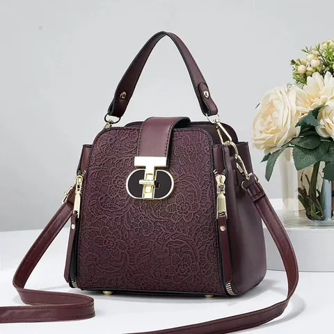 Sac Seau pour Femmes en Cuir PU avec Patchwork de Dentelle Boucle en T Élégante Sac à Bandoulière pour Quotidien Fête Shopping