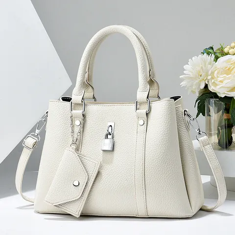 Women Litchi Pattern PU Leather Handbag Large Capacity Tote Shoulder Bag Set With Mini Coin Purse Metal Lock Crossbody Bag