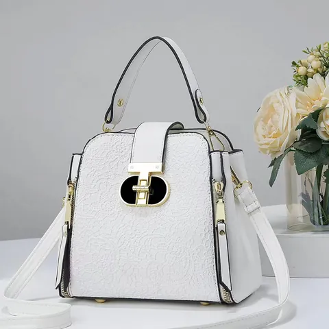Sac Seau pour Femmes en Cuir PU avec Patchwork de Dentelle Boucle en T Élégante Sac à Bandoulière pour Quotidien Fête Shopping