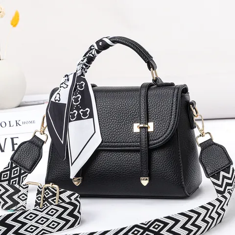 Women Korean Simple PU Leather Small Square Bag Atmospheric Flap Handbag With Satin Scarf Geometric Wide Shoulder Strap Crossbody Bag