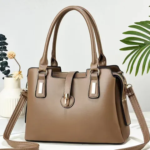 Women Retro PU Leather Handbag Large Capacity Crossbody Shoulder Bag With Metal Twist Lock Double Handle Detachable Strap Stylish Daily Bag
