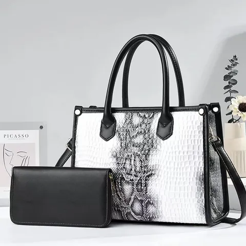 Women Vintage Crocodile Embossed PU Leather Handbag And Matching Wallet Set Large Capacity Shoulder Crossbody Tote Bag