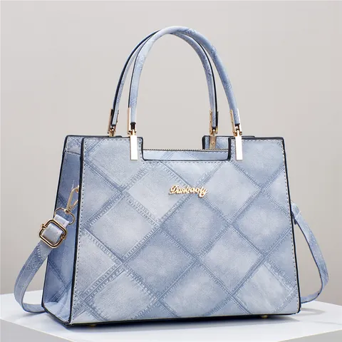 Vintage Denim Texture PU Leather Tote Bag Large Capacity Quilted Shoulder Crossbody Bag Golden Hardware Handbag For Women