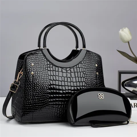 Sac à Main Femme Mode Motif Crocodile Et Pochette Navette Sac Cabas en Cuir PU Bandoulière Messager Avec Logo en Métal