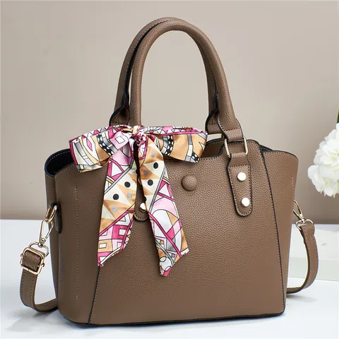 Damen Große Kapazität PU Leder Tote Bag Western Retro Handtasche Mit Seidenschal Dekor Litschi Maserung Crossbody Schultertasche