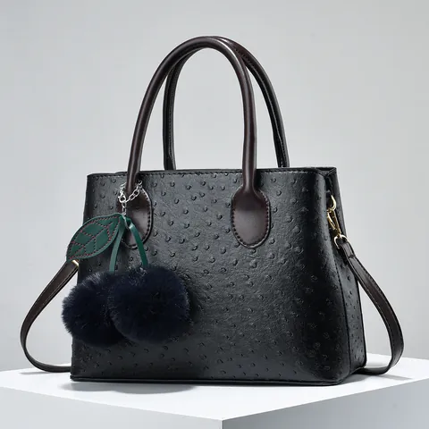 Women Ostrich Pattern PU Leather Handbag With Pom Pom Pendant Large Capacity Tote Shoulder Bag For Daily Fashion Lady Satchel Bag