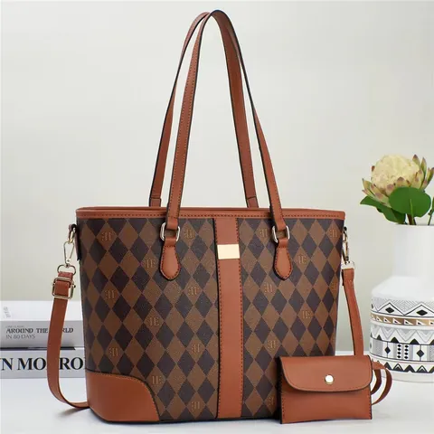 Women Fashion Quilted Rhombus Tote Bag And Matching Pouch Large Capacity PU Leather Vintage Contrast Color Handbag Mother Bag