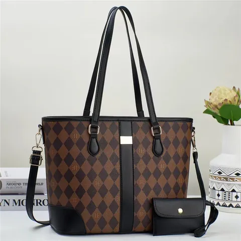 Women Fashion Quilted Rhombus Tote Bag And Matching Pouch Large Capacity PU Leather Vintage Contrast Color Handbag Mother Bag