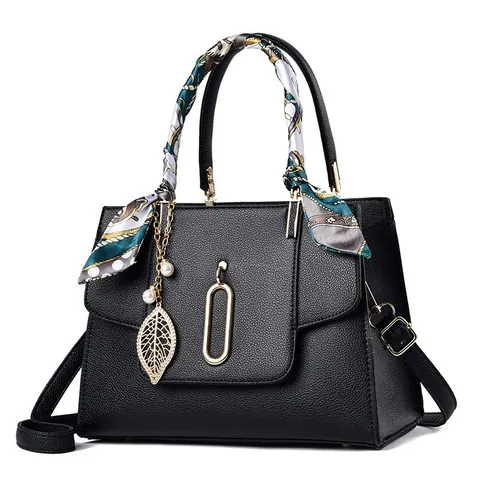 Women Litchi Grain PU Leather Handbag With Satin Silk Scarf Handle Large Capacity Crossbody Bag With Leaf Artificial Pearl Charm