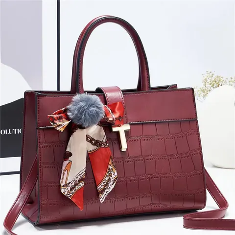 Dames Mode Krokodillenreliëf Tote Tas Met Satijnen Sjaal En Pompon Elegante PU Leren Handtas Voor Dagelijks Kantoorgebruik