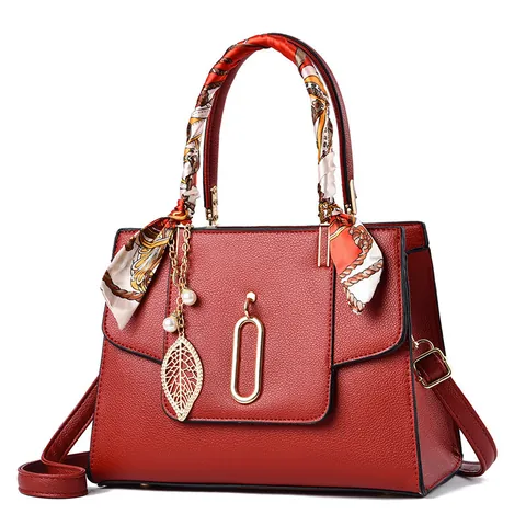Women Litchi Grain PU Leather Handbag With Satin Silk Scarf Handle Large Capacity Crossbody Bag With Leaf Artificial Pearl Charm