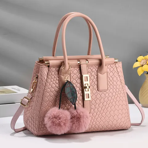 Women Woven Texture PU Leather Handbag With Pompom Charm Large Capacity Shoulder Crossbody Bag Elegant Commuter Satchel Tote