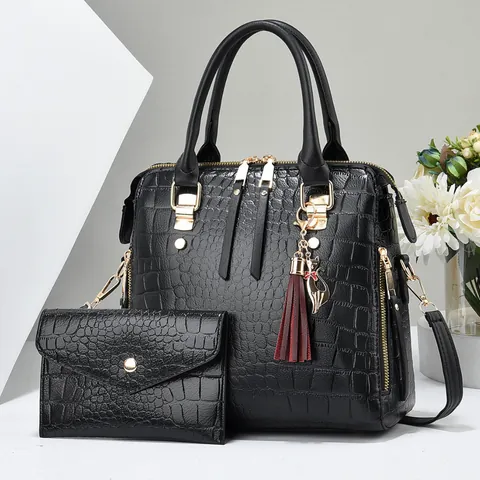 Crocodile Pattern Synthetic Leather Handbag And Wallet Set With Cat Charm Tassel Gold Hardware Elegant Lady Shoulder Bag