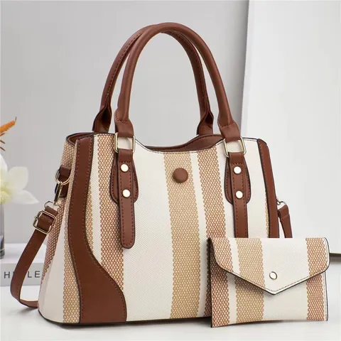 Women Contrast Color Striped Handbag And Matching Wallet Large Capacity PU Leather Woven Tote Bag For Commuting Fashion