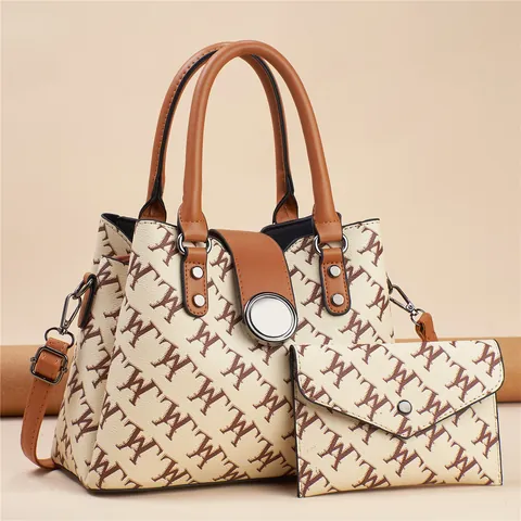 Women Fashion Monogram Print Tote Bag And Wallet Set Large Capacity PU Leather Handbag With Shoulder Strap Matching Bag Set